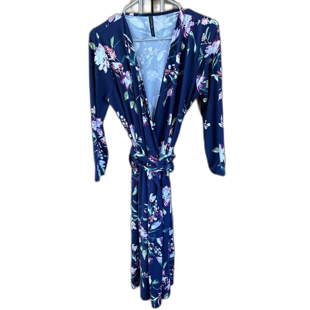 Renee C Blue Floral Knit Wrap Dress XL Tie Wrap 3/4 Sleeve Stretch V Neck